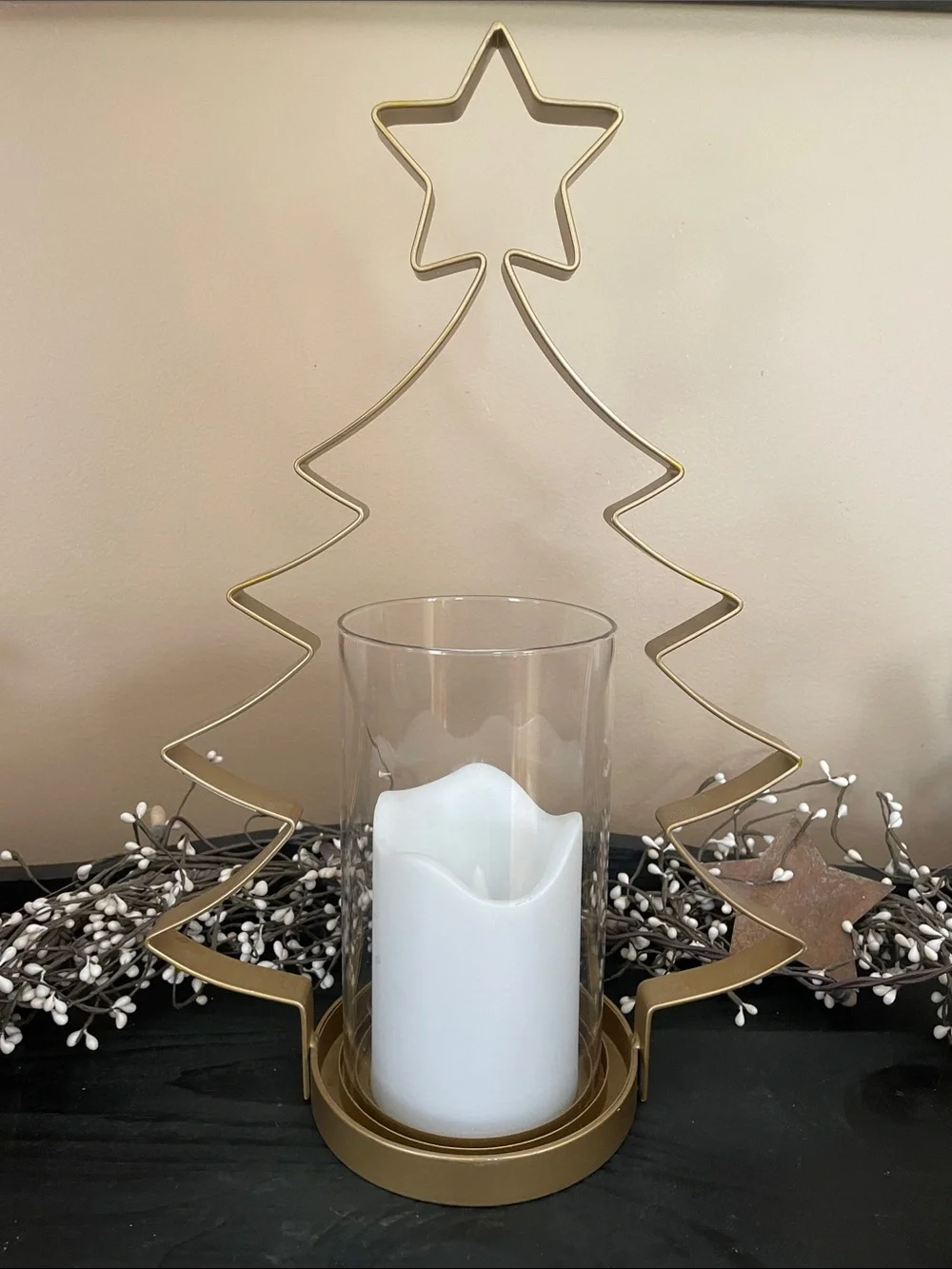 Beautiful Gold Metal Tree Hurricane LED Candle Holder 17”x11”